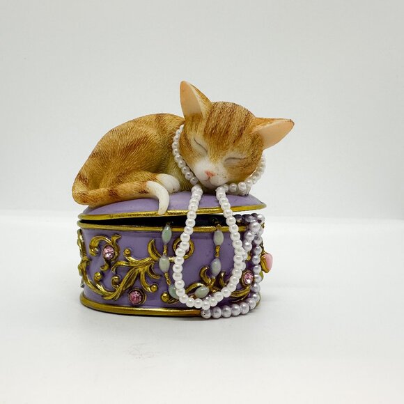 Vintage Kitty Couture Orange Ginger Cat Kitten Sleeping Jewelry Box Pearls - Picture 1 of 6